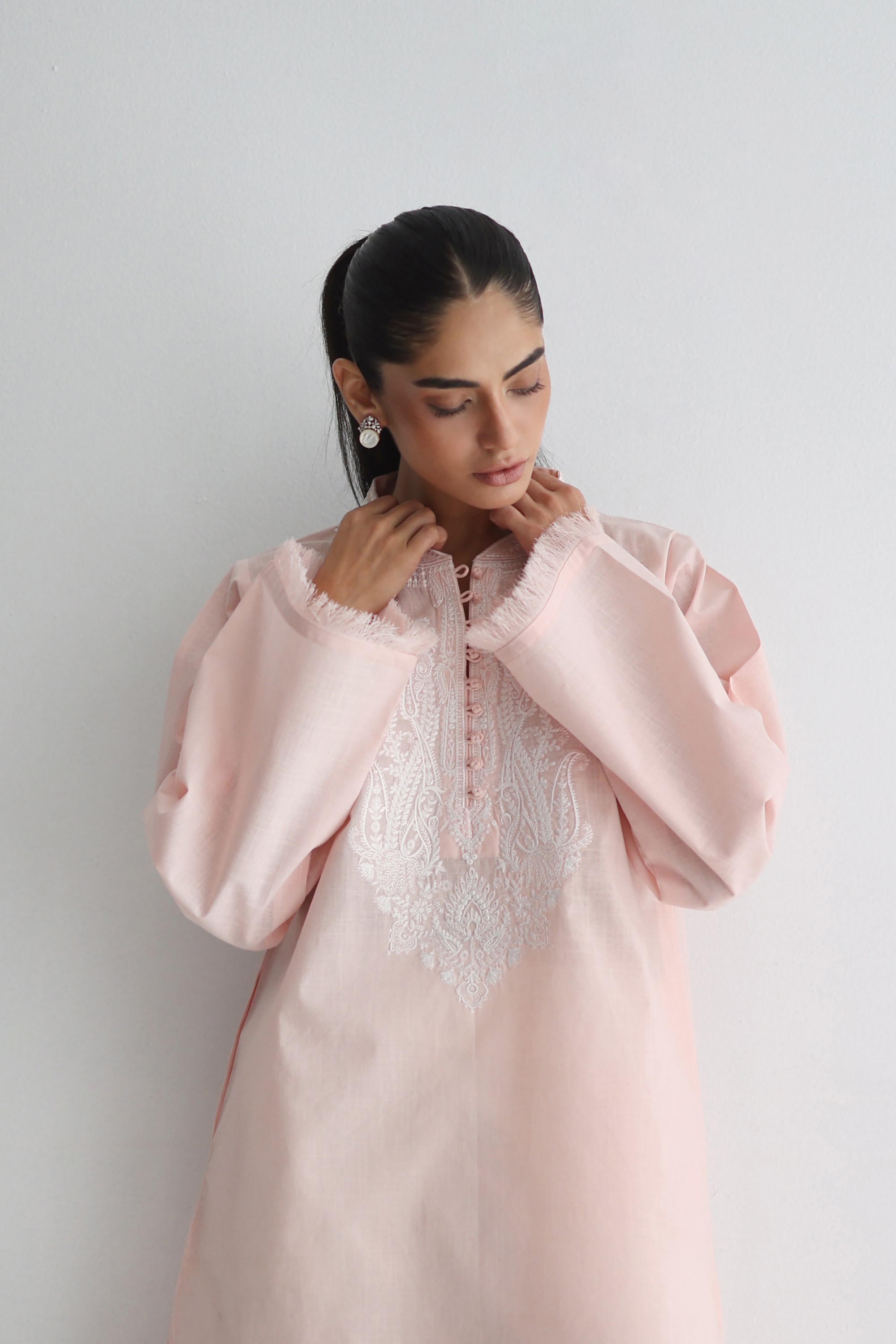 Petal Pink - Paisley Embroidered Kurta - The Solid Edit by Saira Habib