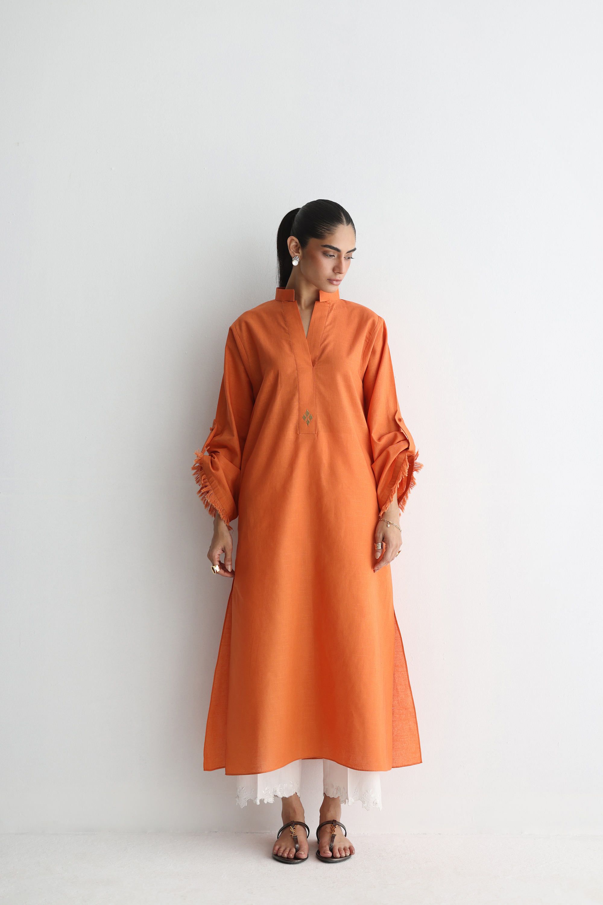 Burnt Orange - Buttoned-up Sleeves Kurta - The Solid Edit by Saira Habib