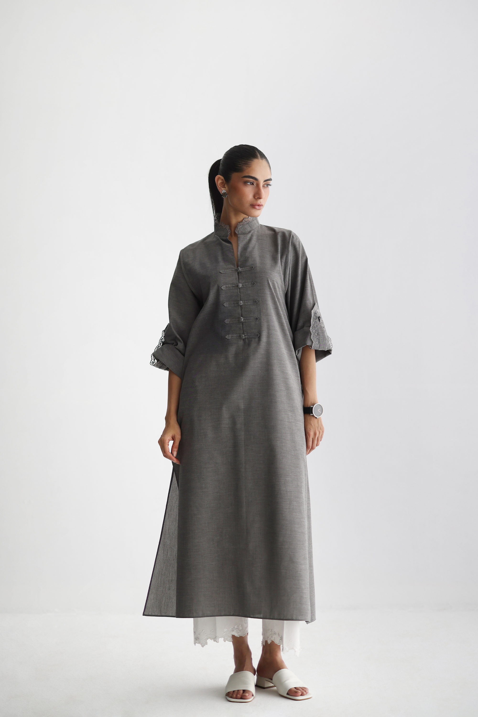 Steel Grey - Pánkòu Knot Kurta - The Solid Edit by Saira Habib